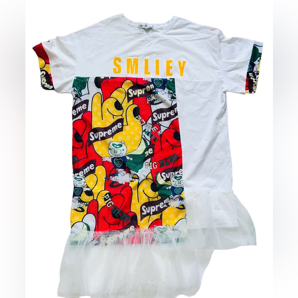 New York “ Smiley “ Cartoon Prints Dress with Tulle Trim